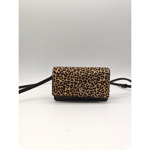 MICHAEL KORS Jet Set genuine leather calfhair phone crossbody bag wallet LEOPARD - Picture 1 of 16